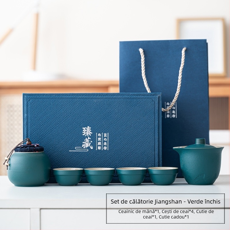 Set portabil de ceai din ceramică, cu o ceainică și trei cești – set exterior cu vas cu capac