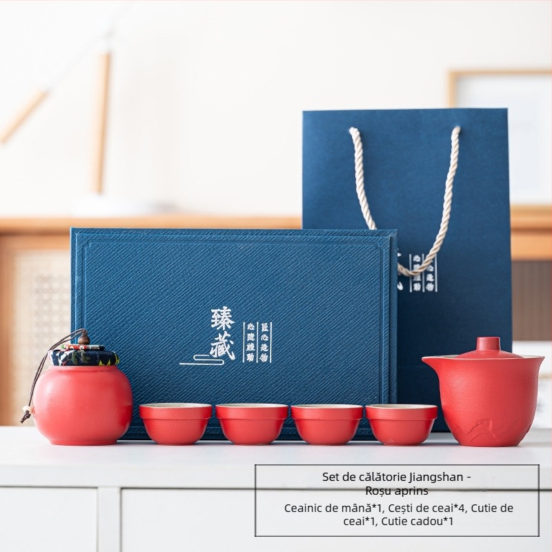 Set portabil de ceai din ceramică, cu o ceainică și trei cești – set exterior cu vas cu capac