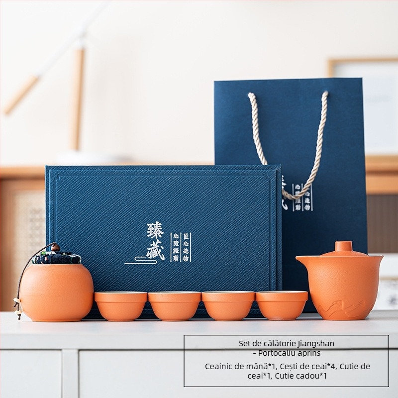 Set portabil de ceai din ceramică, cu o ceainică și trei cești – set exterior cu vas cu capac