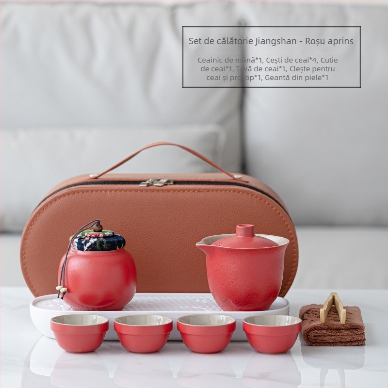 Set portabil de ceai din ceramică, cu o ceainică și trei cești – set exterior cu vas cu capac