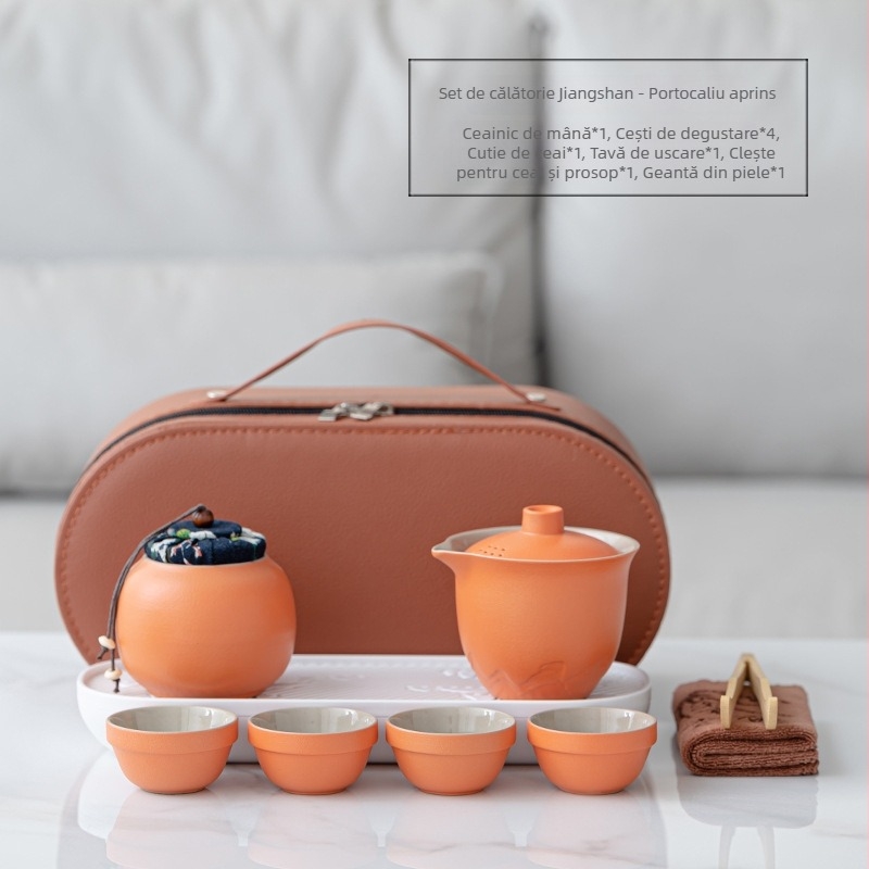 Set portabil de ceai din ceramică, cu o ceainică și trei cești – set exterior cu vas cu capac