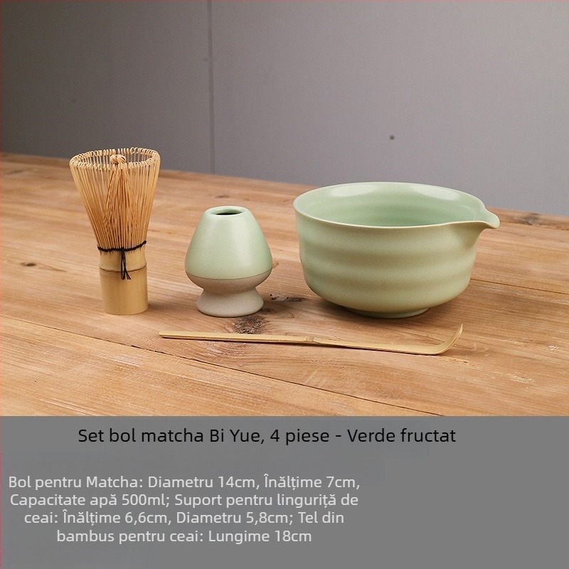 Set japonez de matcha: bol ceramic pentru matcha cu gură, suport pentru tel/whisk, lingură de ceai, tel de 100 din bambus pentru matcha, instrumente de pregătire a ceaiului din Dinastia Song