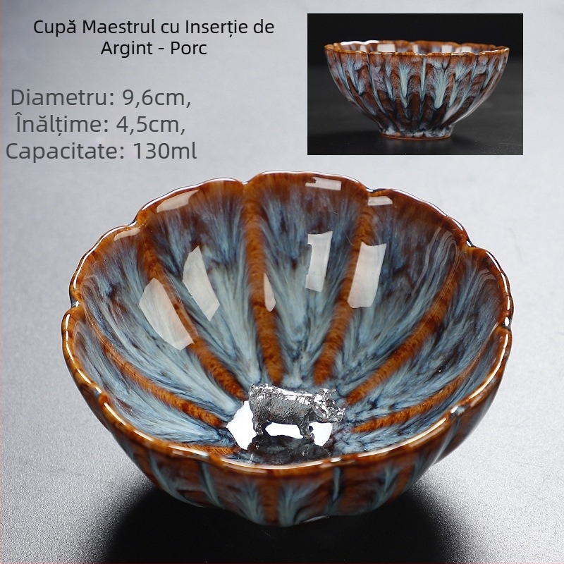 Ceainic Jian Zhan cu încrustare de argint, glazură Tianmu, glazură cu păr de iepure, ceașcă unică Gongfu ceai, douăsprezece zodii chineze