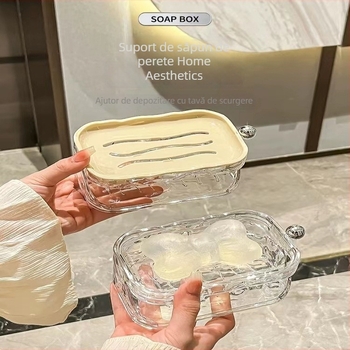 Recipient de săpun montat pe perete, model valuri de apă, fără găuri, cu două niveluri, baie, cu capac