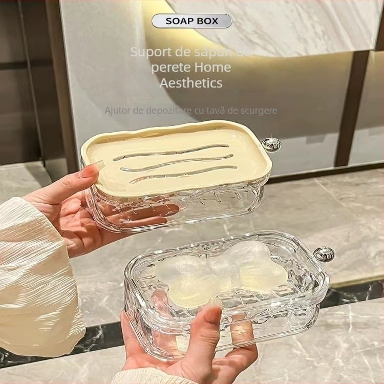 Recipient de săpun montat pe perete, model valuri de apă, fără găuri, cu două niveluri, baie, cu capac