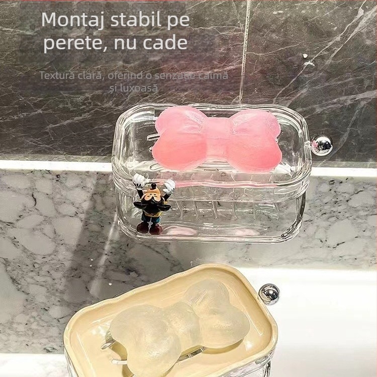 Recipient de săpun montat pe perete, model valuri de apă, fără găuri, cu două niveluri, baie, cu capac