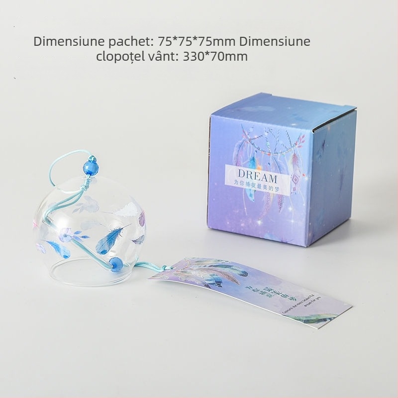Clopoțel de vânt din sticlă cu design de cireș în floare, pandantiv pentru dormitor, stil japonez, cu pene