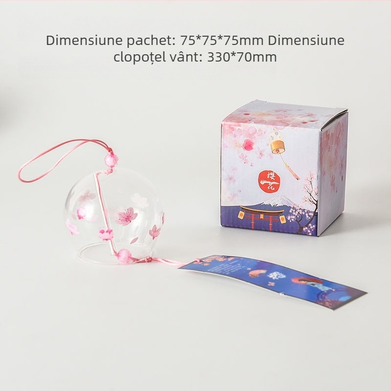 Clopoțel de vânt din sticlă cu design de cireș în floare, pandantiv pentru dormitor, stil japonez, cu pene