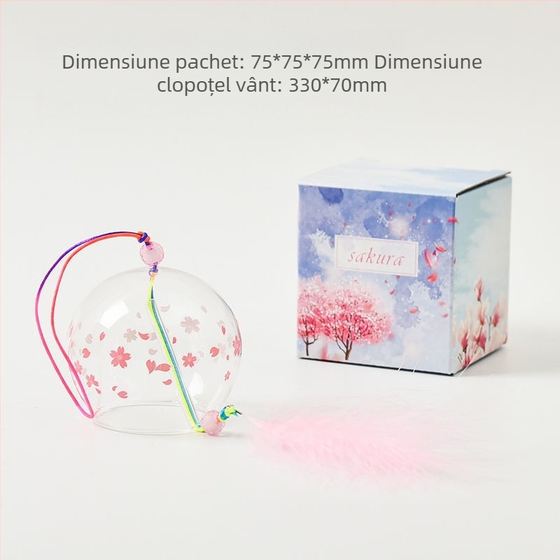 Clopoțel de vânt din sticlă cu design de cireș în floare, pandantiv pentru dormitor, stil japonez, cu pene