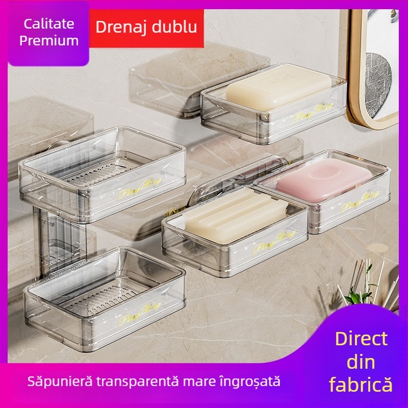 Cutie de săpun cu două etaje pentru baie, montare pe perete, fără găurire, suport de săpun cu canal de scurgere, PP