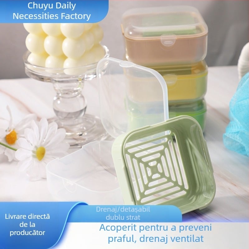 Cutie pentru săpun cu capac, portabilă pentru călătorii, cu două etaje și drenaj, pentru utilizare umedă și uscată, pătrată, cu compartimente mici