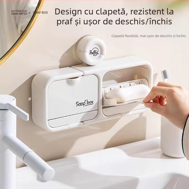 Cutie de săpun montată pe perete, cu ventuză și capac rabatabil, fără găuri, drenaj pentru baie