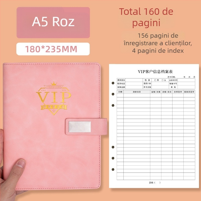Caiet de evidență pentru clienții salonului de înfrumusețare – înregistrare membri și informații despre clienți, copertă PU, legare cu inel, 100–200 pagini