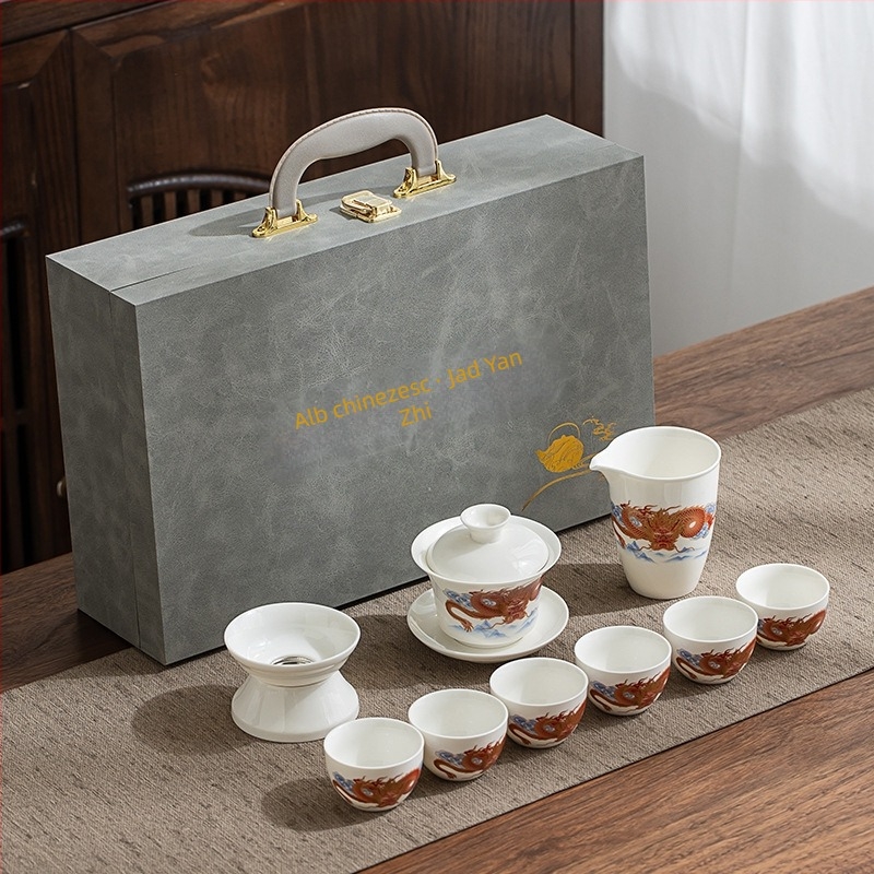 Set Gongfu de ceai din porțelan alb Dehua, gaiwan și ceainic, cutie cadou albastru-alb