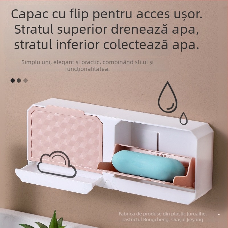 Cutie de săpun montată pe perete, cu două compartimente, capac rabatabil, drenaj, pentru baie și spălătorie