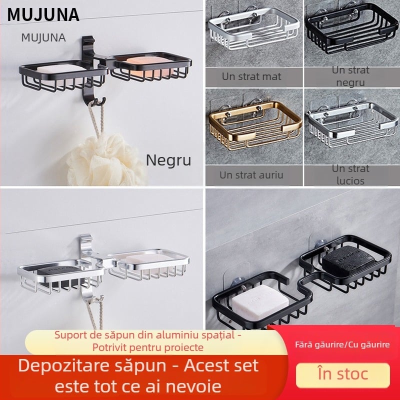 Suport de săpun montat pe perete din aliaj de aluminiu, cu coș din plasă pentru baie, fără găuri