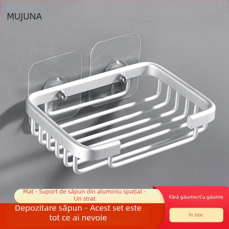 Suport de săpun montat pe perete din aliaj de aluminiu, cu coș din plasă pentru baie, fără găuri