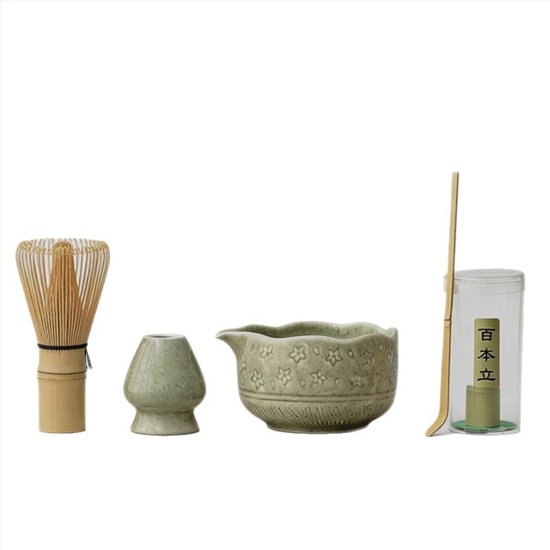 Ceașcă ceramică Sakura pentru matcha, cu tel de bambus și suport — set de instrumente pentru ceremonia ceaiului
