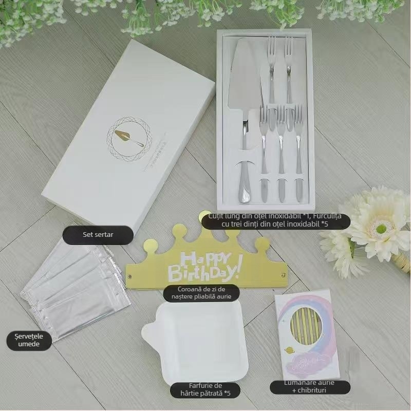 Set tacâmuri pentru tort de ziua de naștere din pulpă de trestie de zahăr, cu cutie de prânz elegantă