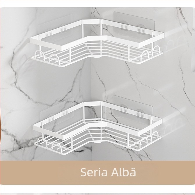 Raft de baie pe perete, colț, din fier, două etaje, fără găuri, pentru chiuvetă și duș