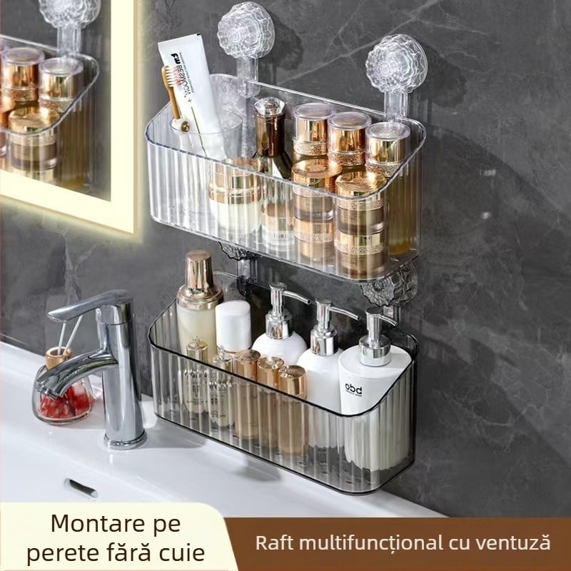 Raft de depozitare cu ventuză pentru baie, montat pe perete – fără găuri