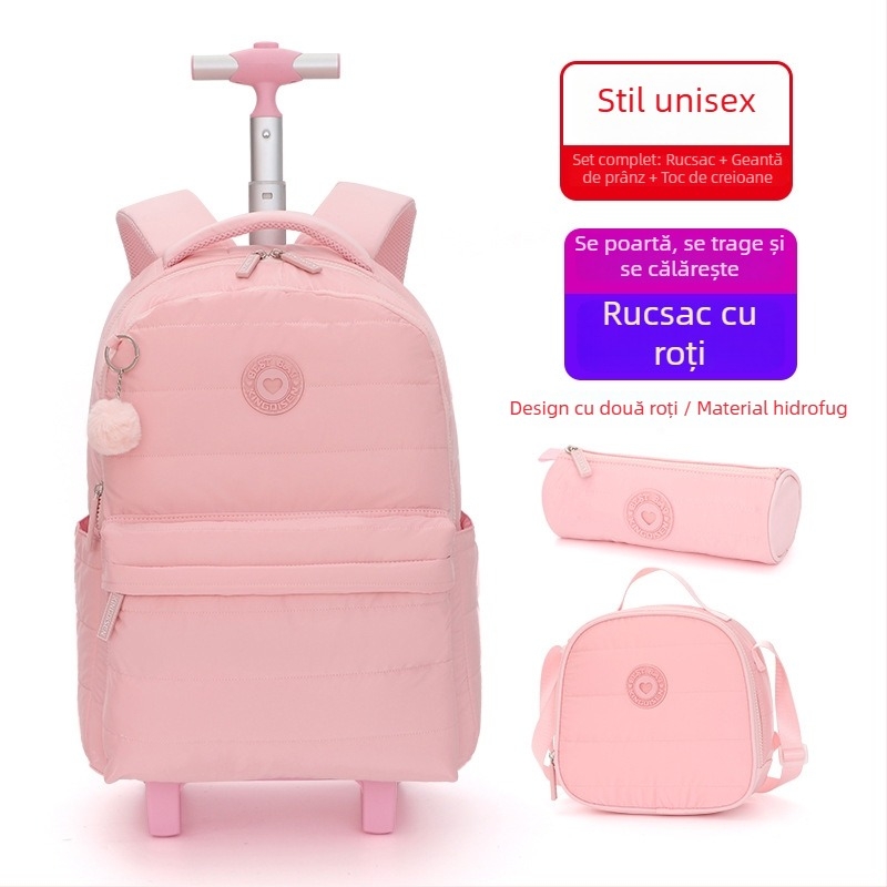 Rucsac școlar pentru primar, culoare solidă cu pompon, rucsac cu rotile, set de 3 piese, husă pentru creioane, rezistent la pete