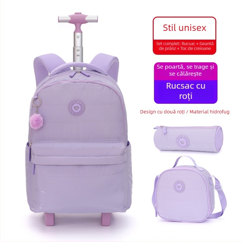 Rucsac școlar pentru primar, culoare solidă cu pompon, rucsac cu rotile, set de 3 piese, husă pentru creioane, rezistent la pete