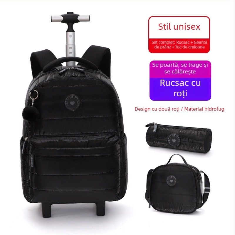 Rucsac școlar pentru primar, culoare solidă cu pompon, rucsac cu rotile, set de 3 piese, husă pentru creioane, rezistent la pete