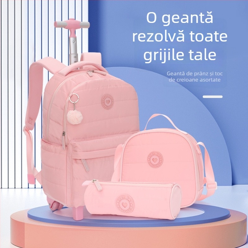 Rucsac școlar pentru primar, culoare solidă cu pompon, rucsac cu rotile, set de 3 piese, husă pentru creioane, rezistent la pete