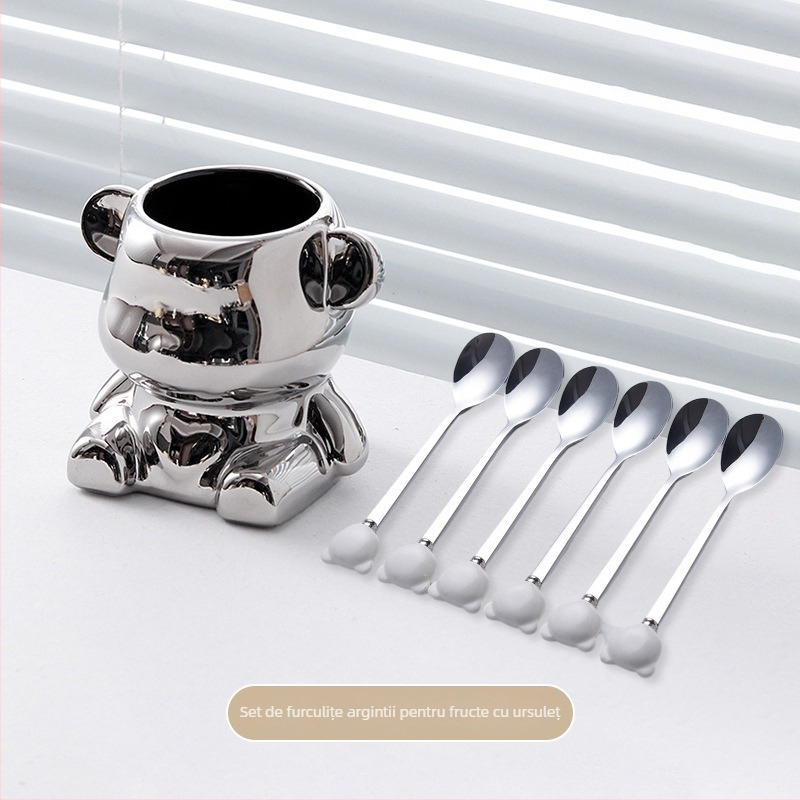 Set de furculițe din oțel inoxidabil pentru fructe, ursuleț ceramic, tacâmuri elegante pentru casă