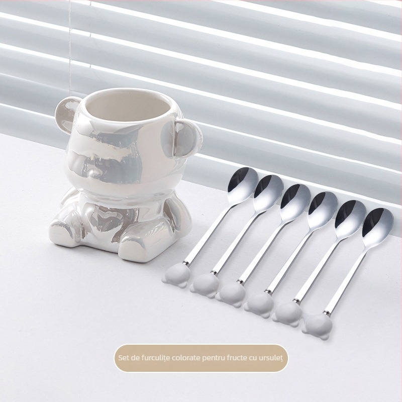 Set de furculițe din oțel inoxidabil pentru fructe, ursuleț ceramic, tacâmuri elegante pentru casă
