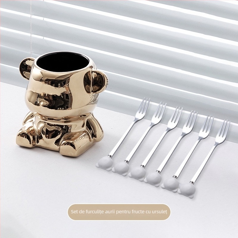 Set de furculițe din oțel inoxidabil pentru fructe, ursuleț ceramic, tacâmuri elegante pentru casă