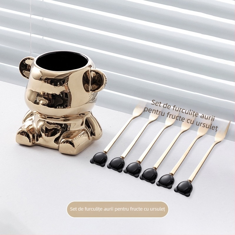 Set de furculițe din oțel inoxidabil pentru fructe, ursuleț ceramic, tacâmuri elegante pentru casă