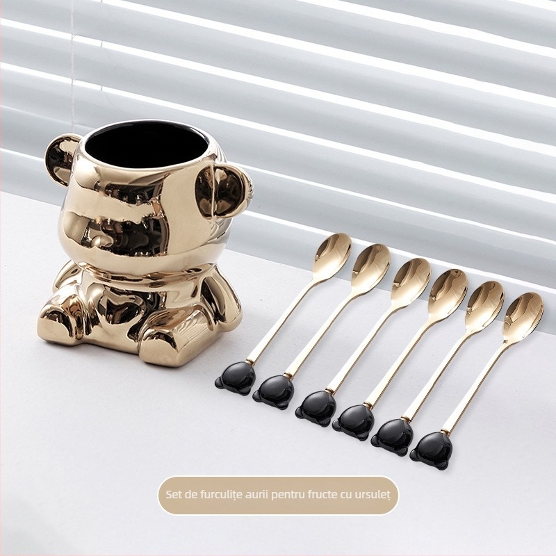 Set de furculițe din oțel inoxidabil pentru fructe, ursuleț ceramic, tacâmuri elegante pentru casă
