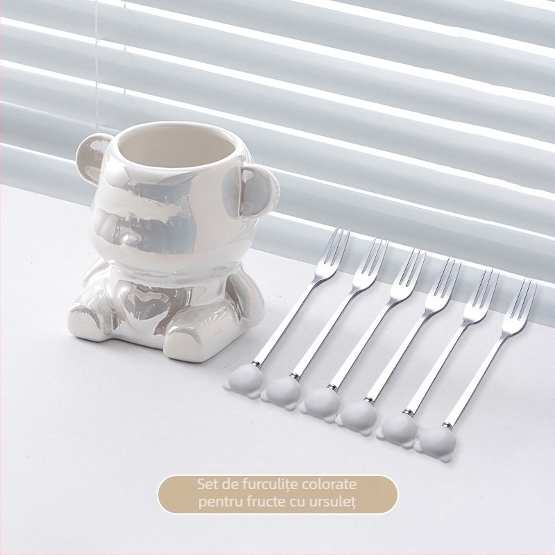 Set de furculițe din oțel inoxidabil pentru fructe, ursuleț ceramic, tacâmuri elegante pentru casă
