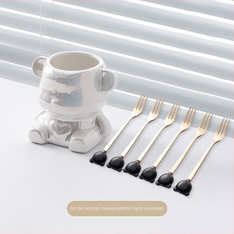 Set de furculițe din oțel inoxidabil pentru fructe, ursuleț ceramic, tacâmuri elegante pentru casă