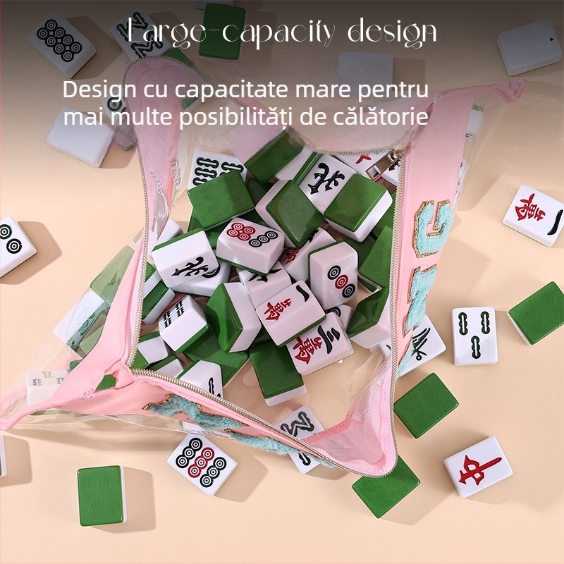 Geantă personalizată impermeabilă pentru cosmetice, cu broderie de litere Mahjong, PVC, compartiment mare pentru igienă personală. Disponibilă în verde, roz, mov și roșu trandafir.