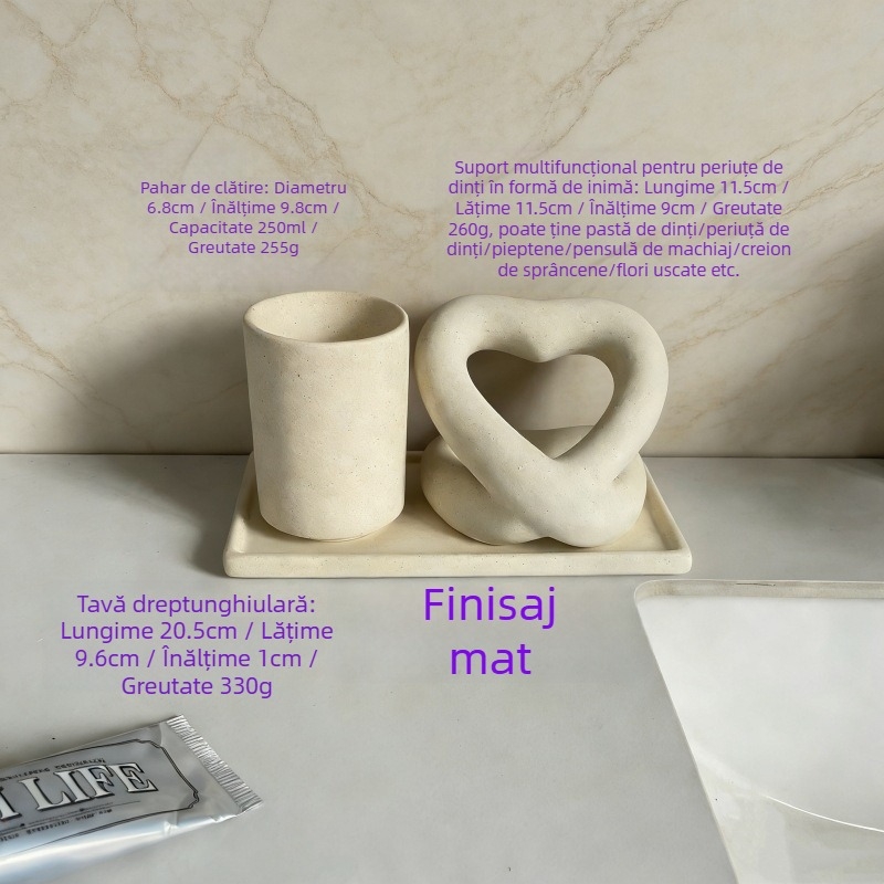 Suport ceramic în formă de inimă pentru pastă de dinți și periuțe, tavă mată pentru paharul de apă de gură, set decorativ multifuncțional