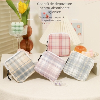 Geantă de depozitare pentru absorbante, capacitate mare, organizator portabil drăguț, din poliester, model carouri, stil modern minimalist