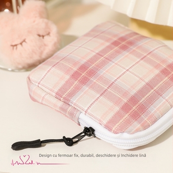 Geantă de depozitare pentru absorbante, capacitate mare, organizator portabil drăguț, din poliester, model carouri, stil modern minimalist