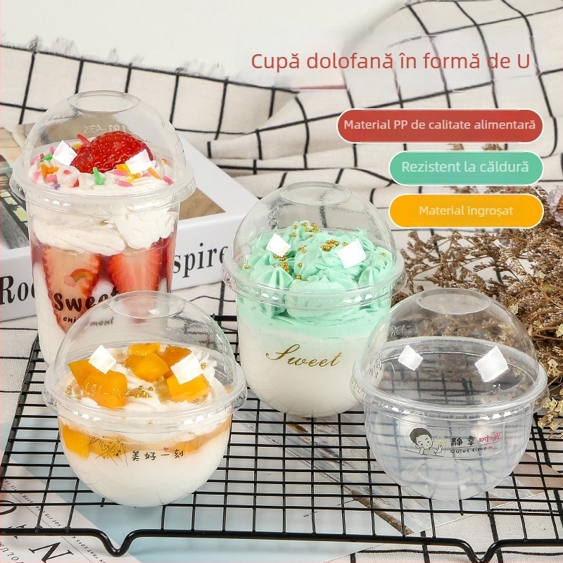 Cup plastic pentru budincă, de unică folosință, 300 ml, formă 90U, potrivit pentru ceai cu lapte și deserturi