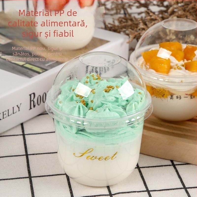 Cup plastic pentru budincă, de unică folosință, 300 ml, formă 90U, potrivit pentru ceai cu lapte și deserturi