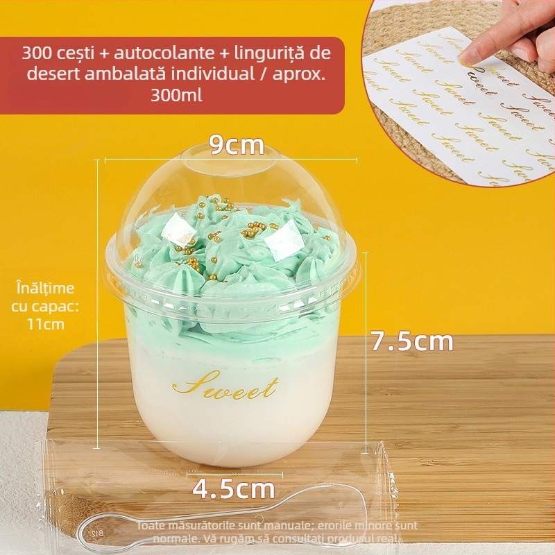 Cup plastic pentru budincă, de unică folosință, 300 ml, formă 90U, potrivit pentru ceai cu lapte și deserturi
