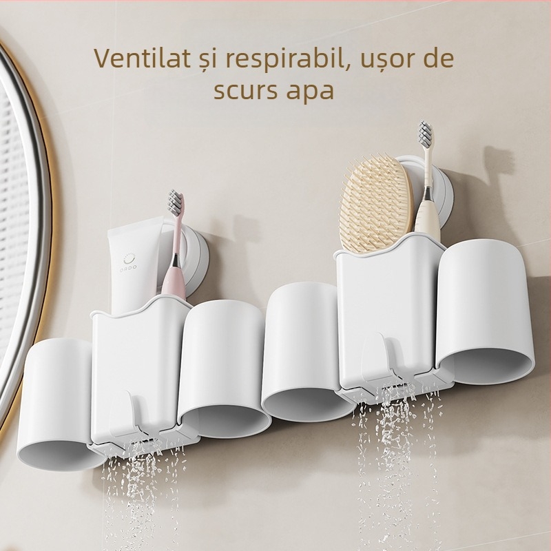 Suport de periute de dinți montat pe perete, fără găuri, cu pahar pentru apă de gură – set baie