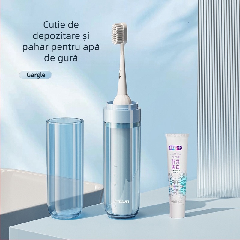 Set portabil pentru periuța electrică, cu cutie de depozitare, pahar pentru apă de gură și pahar de clătire