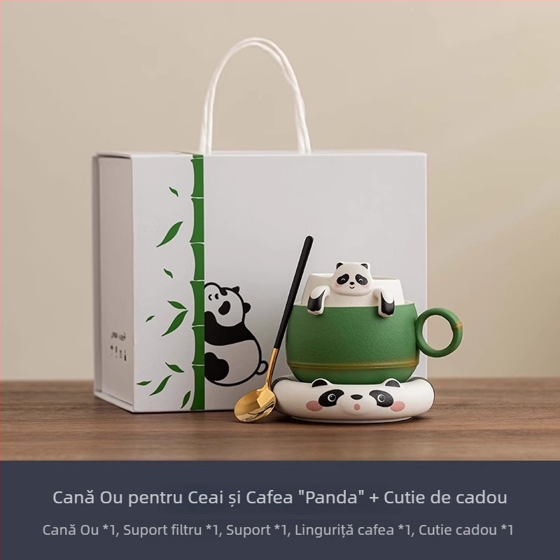 Set Panda cafea cu ceașcă, farfuriu și linguriță, ceramică de înaltă calitate