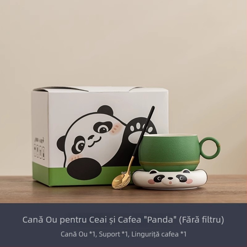 Set Panda cafea cu ceașcă, farfuriu și linguriță, ceramică de înaltă calitate