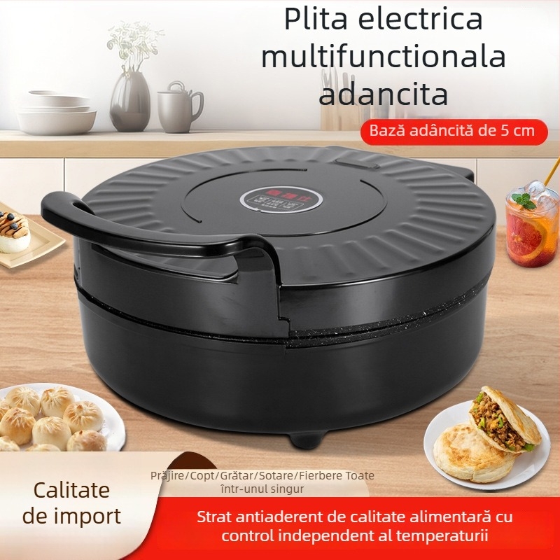 Tigaie electrică multifuncțională pentru uz casnic, adâncime 7,5 cm, încălzire cu două fețe, antiaderentă, Maifan piatră, putere mare