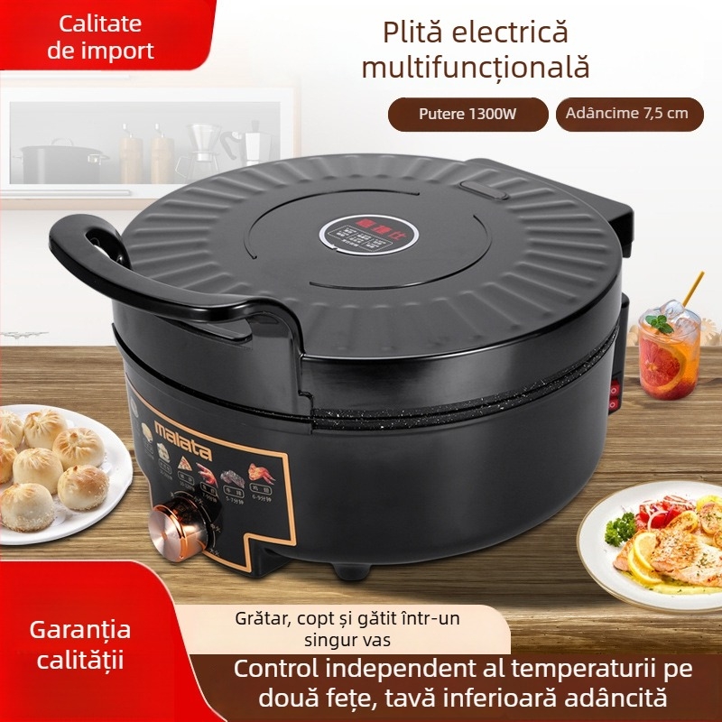 Tigaie electrică multifuncțională pentru uz casnic, adâncime 7,5 cm, încălzire cu două fețe, antiaderentă, Maifan piatră, putere mare