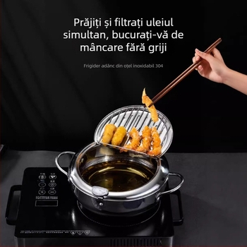 Tigaie adâncă în stil japonez cu termometru, suport de filtrare a uleiului și scurgere, oală mică pentru supă
